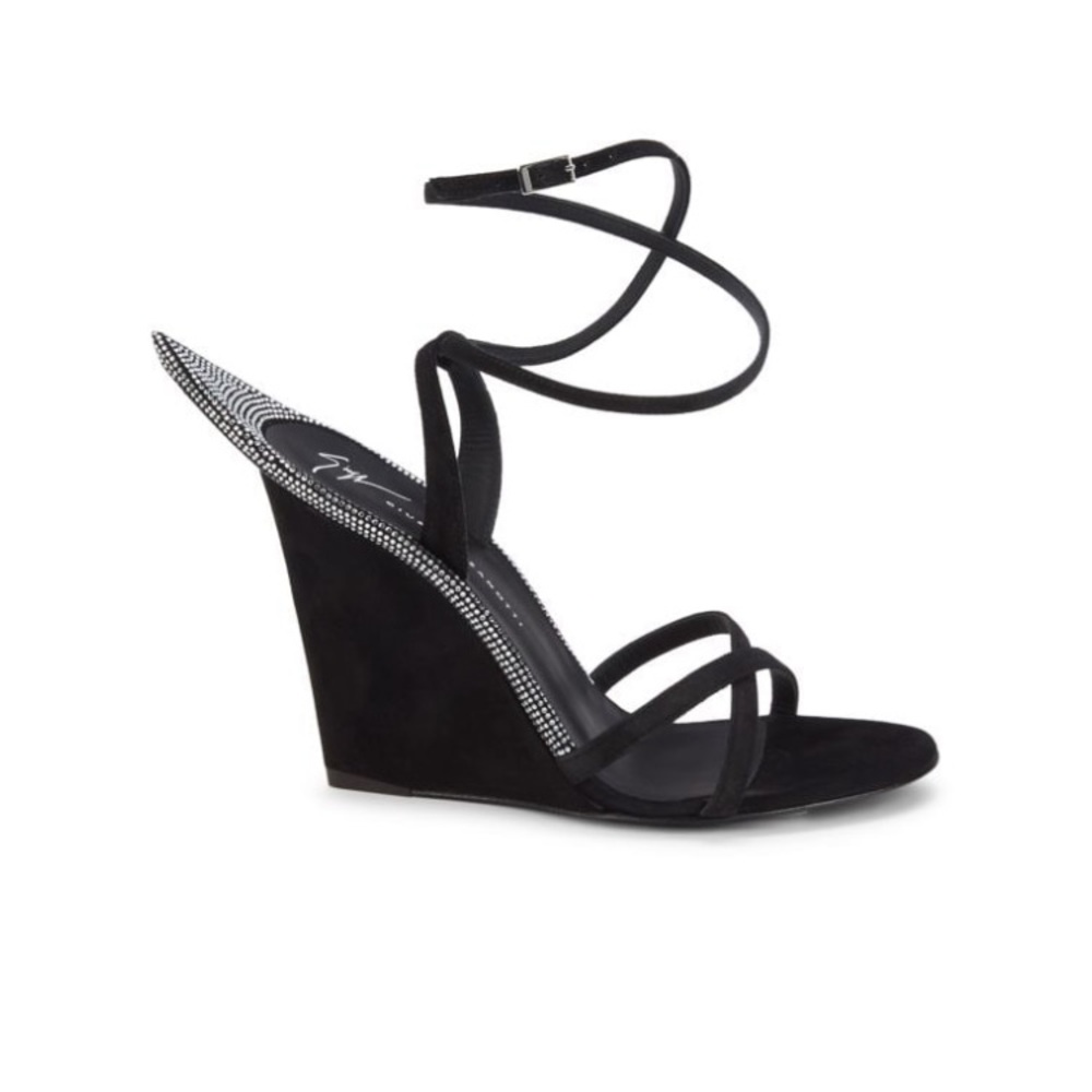 Giuseppe Zanotti wedged black suede sandals with Swarovski crystals .